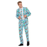 Oktoberfest Beer Festival Suit, Blue print suit, lined coat, zip up trousers and tie.