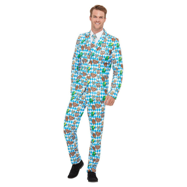 Oktoberfest Beer Festival Suit, Blue print suit, lined coat, zip up trousers and tie.