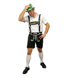 Oktoberfest Beer Man Costume in black with white trim, lederhosen with braces and short-sleeve white shirt