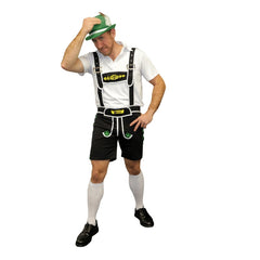 Oktoberfest Beer Man Costume in black with white trim, lederhosen with braces and short-sleeve white shirt