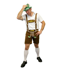 Men’s Beer Man Oktoberfest Costume with Brown Lederhosen and White Shirt