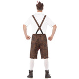Oktoberfest Brad Wurst Adult Costume, lederhosen, straps cross over at back, shirt and hat.