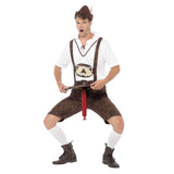 Oktoberfest Brad Wurst Adult Costume, lederhosen with red sausage hanging under flap, shirt and hat.