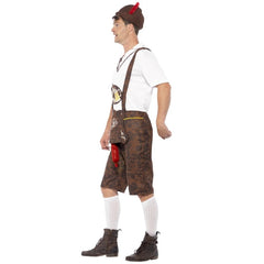Adult Oktoberfest costume with lederhosen, sausage, beer print and Bavarian hat