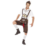 Adult Oktoberfest costume with lederhosen, sausage, beer print and Bavarian hat