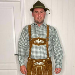 Oktoberfest deluxe check shirt in red or green check, cotton blend, traditional Bavarian style.