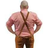 Back of red check shirt with sleeves rolled up