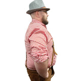 Red check oktoberfest shirt with sleeve rolled up and attached in the tab