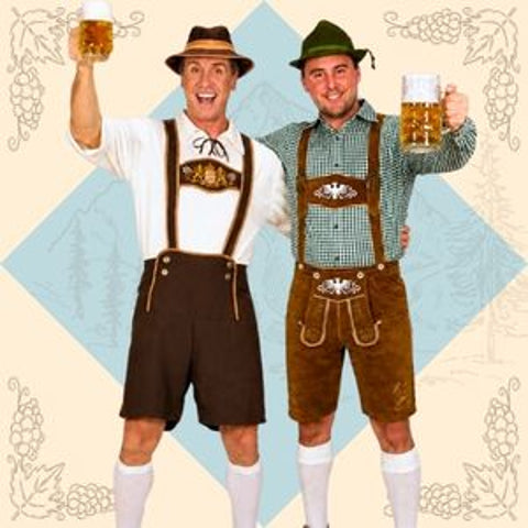 Two men in traditional Bavarian attire, one in a white shirt and brown lederhosen with a hat, and the other in a green shirt and brown lederhosen with a hat, both holding up beer mugs against a decorative beige and blue background.