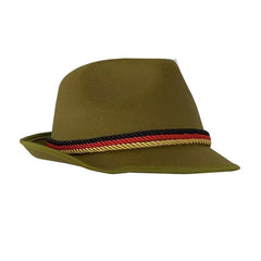 Olive green Oktoberfest hat with red, yellow, and black braid band – adult alpine-style hat