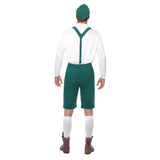 Oktoberfest Lederhosen, green lederhosen with attached braces, white shirt and green hat.