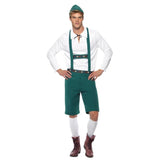 Oktoberfest Lederhosen, green lederhosen with braid, shirt and hat.