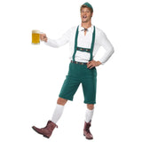 Oktoberfest Lederhosen, green knee length lederhosen with braid and attached braces, white shirt and green hat.
