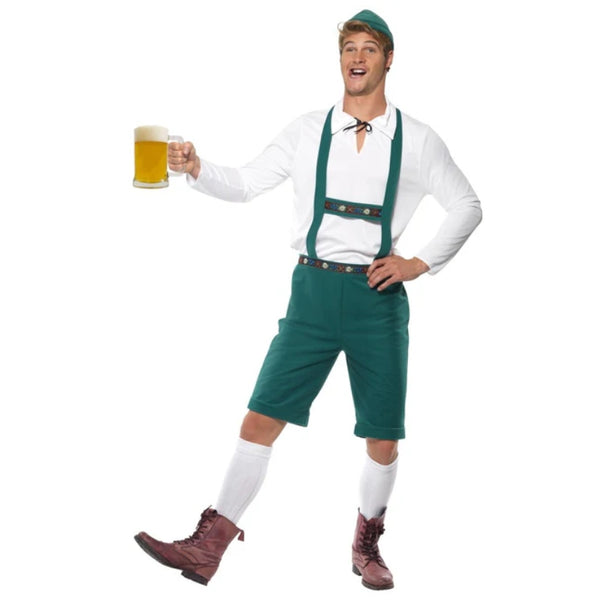 Oktoberfest Lederhosen, green knee length lederhosen with braid and attached braces, white shirt and green hat.
