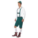 Oktoberfest Lederhosen, green lederhosen, white shirt and green hat.
