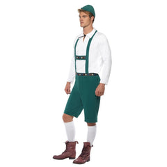 Oktoberfest Lederhosen, green knee length lederhosen with braid and attached braces, white shirt and green hat.
