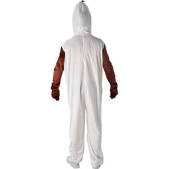 Adult Olaf costume with padded jumpsuit and headpiece featuring carrot nose and felt hair