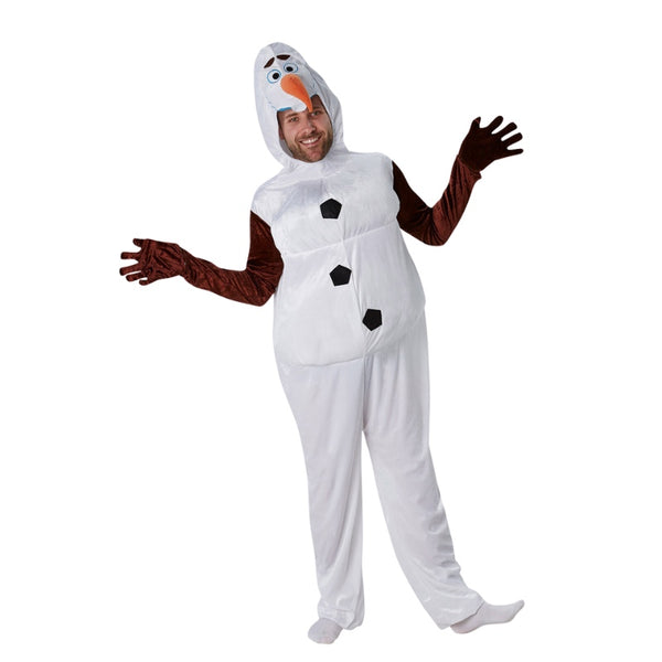 Adult Olaf costume with padded jumpsuit and headpiece featuring carrot nose and felt hair
