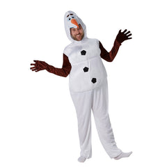 Adult Olaf costume with padded jumpsuit and headpiece featuring carrot nose and felt hair