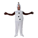 Olaf hire padded jumpsuit with attached hood and large nose.