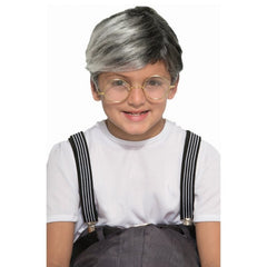 Child wearing old man grey wig costume accessory front view