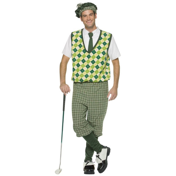 Old tyme golfer adult costume, sweater/shirt with tie, plus four knickers and shoe covers with beret.