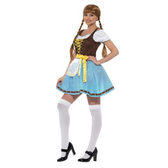 Olga Bavarian Costume, short dress with apron, mock suede bodice and top with no stretch.