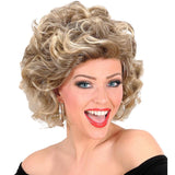Blonde curly Olivia wig styled after Sandy character for retro movie costumes and parties
