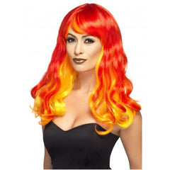 Long ombre flame wig in red, orange, and yellow tones – devil or Halloween costume wig