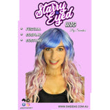 Starry Eyed wig packaging with a model wearing the wig on a pink background