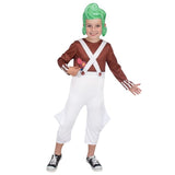 Child wearing a costume with a green wig, brown shirt, white overalls, and black shoes on a white background.