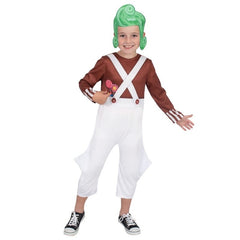 Child wearing a costume with a green wig, brown shirt, white overalls, and black shoes on a white background.