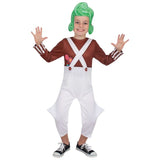 Child wearing a costume with a green wig, brown shirt, white overalls, and black shoes on a white background.