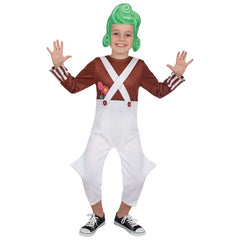 Child wearing a costume with a green wig, brown shirt, white overalls, and black shoes on a white background.