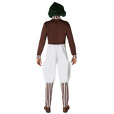 Oompa Loompa Deluxe Costume - Adult, jumpsuit, white pants, brown long sleeve top, stripe trim on pants, cuffs and collar.
