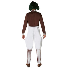 Adult Oompa Loompa costume with brown top, white pantaloons, and striped socks – inspired by Willy Wonka