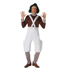 Adult Oompa Loompa costume with brown top, white pantaloons, and striped socks – inspired by Willy Wonka