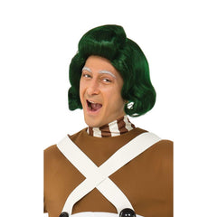 oompa loompa wig for adults, iconic green wig with large fringe slicked back.