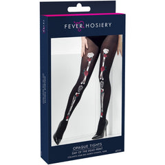 Opaque Day of the Dead tights in black with rose and skeleton print for Halloween or Mexican costume.
