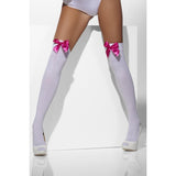 White costume hold-ups featuring satin fuchsia bows