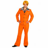 Man wearing an orange 70s leisure suit with wide-collar jacket and flared trousers