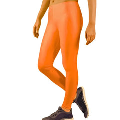 Person wearing bright orange leggings on a white background