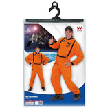 Packaging for orange astronaut spacesuit costume with printed futuristic space details