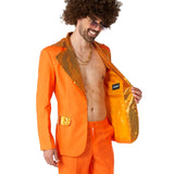 Close up of orange disco suit jacket and lining