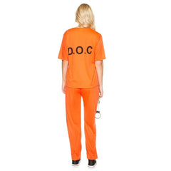 orange prisoner ladies costume, top, pants and ID badge.
