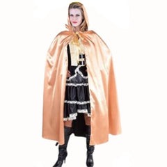 Orange Satin Hooded Cape measures 105 cm from shoulder to hem.