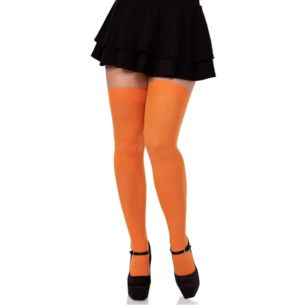 Bright orange thigh-high stockings worn by a model, paired with a black ruffled mini skirt and black Mary Jane platform heels, shown against a plain white background.
