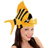 Woman wearing a yellow and black fish-shaped hat on a white background