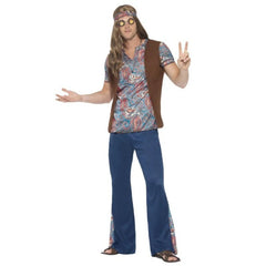 Orion the Hippie Men's Costume with paisley shirt, blue flares, headscarf and medallion
