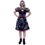Ladies Ouija Board Halloween costume with black printed dress, red sash and skull face mask